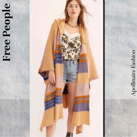 FREE PEOPLE MERCER HOODED KIMONO IN TAN BLUE OS NEW - Picture 3 of 10